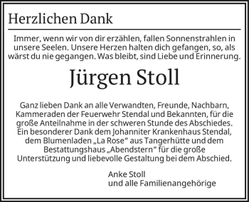 Traueranzeige von Jürgen Stoll  von Magdeburger Volksstimme