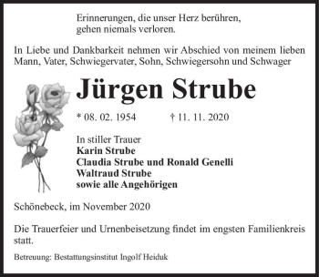 Traueranzeige von Jürgen Strube  von Magdeburger Volksstimme