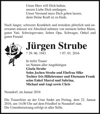 Traueranzeige von Jürgen Strube  von Magdeburger Volksstimme