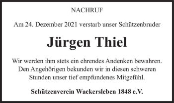 Traueranzeige von Jürgen Thiel  von Magdeburger Volksstimme