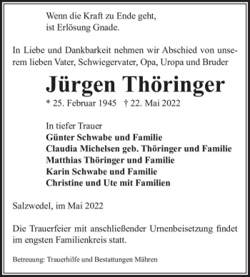 Traueranzeige von Jürgen Thöringer  von Magdeburger Volksstimme