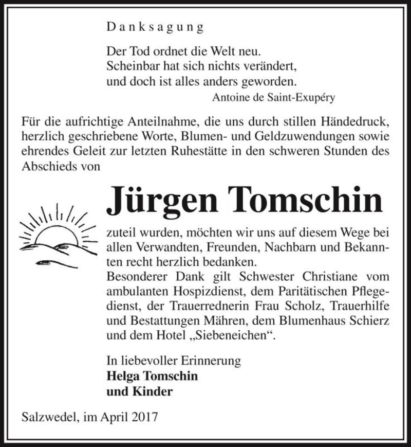  Traueranzeige für Jürgen Tomschin  vom 29.04.2017 aus Magdeburger Volksstimme