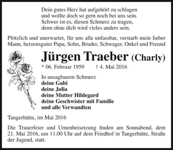 Traueranzeige von Jürgen Traeber (Charly)  von Magdeburger Volksstimme