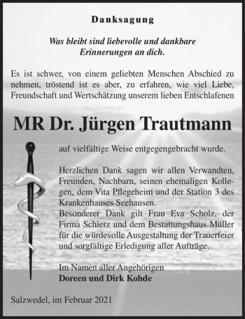 Traueranzeige von Jürgen Trautmann  von Magdeburger Volksstimme