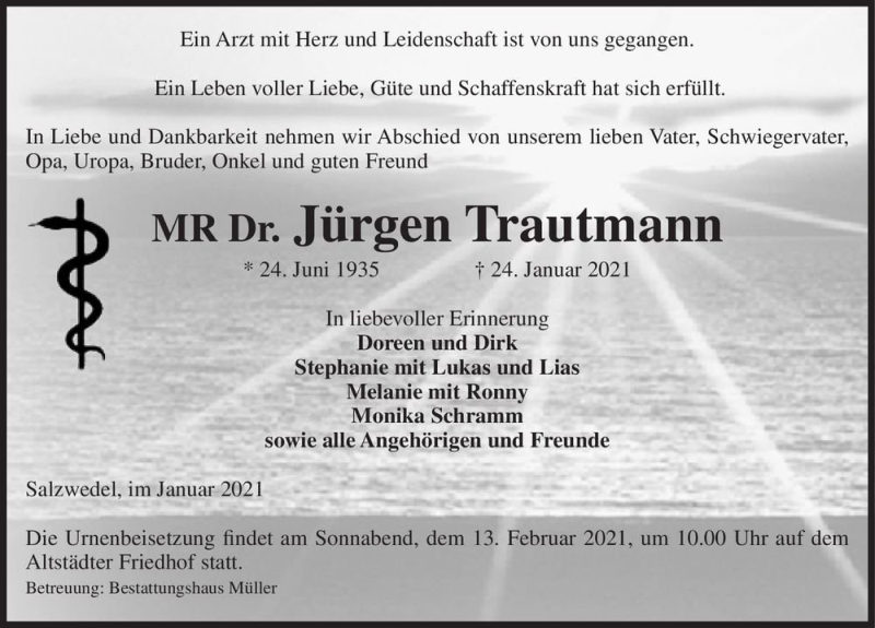  Traueranzeige für Jürgen Trautmann  vom 26.01.2021 aus Magdeburger Volksstimme