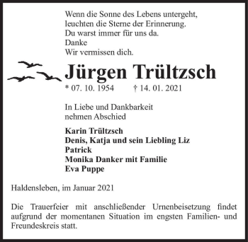 Traueranzeige von Jürgen Trültzsch  von Magdeburger Volksstimme