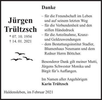 Traueranzeige von Jürgen Trültzsch  von Magdeburger Volksstimme