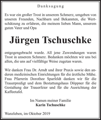 Traueranzeige von Jürgen Tschuschke  von Magdeburger Volksstimme