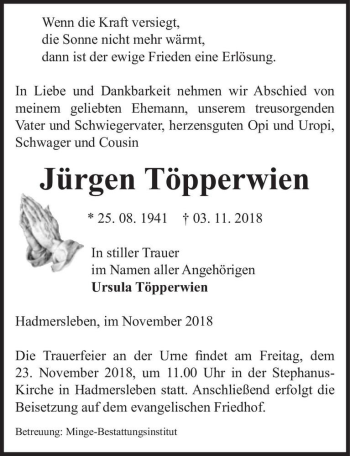 Traueranzeige von Jürgen Töpperwien  von Magdeburger Volksstimme