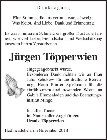 Traueranzeige von Jürgen Töpperwien  von Magdeburger Volksstimme