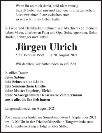 Traueranzeige von Jürgen Ulrich  von Magdeburger Volksstimme
