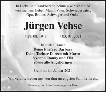 Traueranzeige von Jürgen Vehse  von Magdeburger Volksstimme