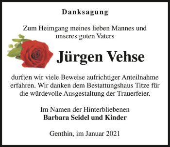 Traueranzeige von Jürgen Vehse  von Magdeburger Volksstimme
