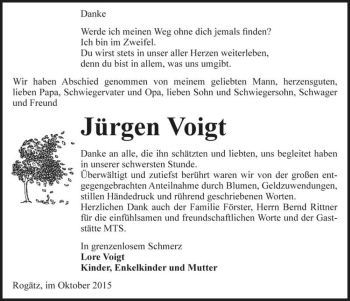 Traueranzeige von Jürgen Voigt  von Magdeburger Volksstimme