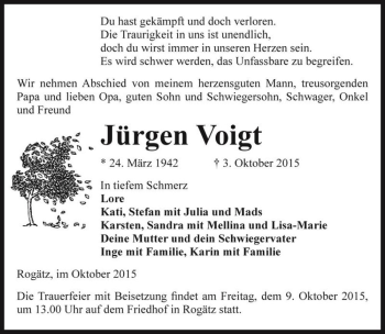Traueranzeige von Jürgen Voigt  von Magdeburger Volksstimme