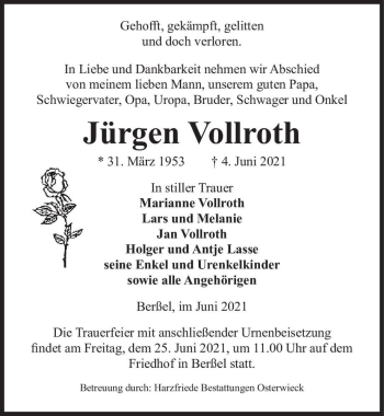 Traueranzeige von Jürgen Vollroth  von Magdeburger Volksstimme