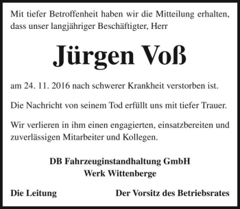 Traueranzeige von Jürgen Voß  von Magdeburger Volksstimme