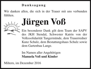 Traueranzeige von Jürgen Voß  von Magdeburger Volksstimme
