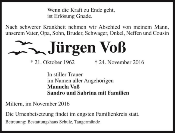 Traueranzeige von Jürgen Voß  von Magdeburger Volksstimme