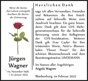 Traueranzeige von Jürgen Wagner  von Magdeburger Volksstimme