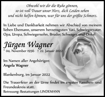 Traueranzeige von Jürgen Wagner  von Magdeburger Volksstimme