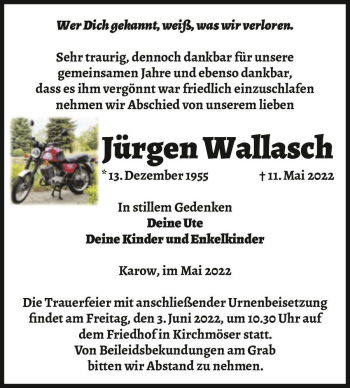 Traueranzeige von Jürgen Wallasch  von Magdeburger Volksstimme