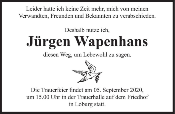 Traueranzeige von Jürgen Wapenhans  von Magdeburger Volksstimme