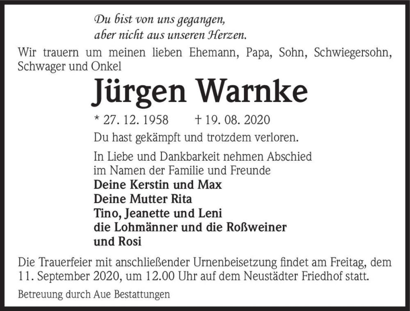  Traueranzeige für Jürgen Warnke  vom 29.08.2020 aus Magdeburger Volksstimme