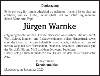 Traueranzeige von Jürgen Warnke  von Magdeburger Volksstimme