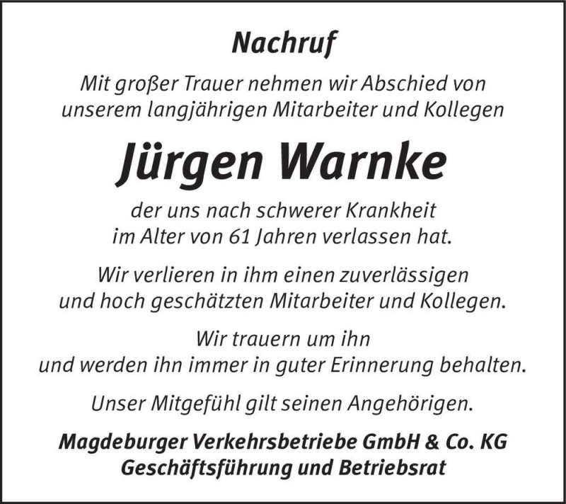  Traueranzeige für Jürgen Warnke  vom 12.09.2020 aus Magdeburger Volksstimme