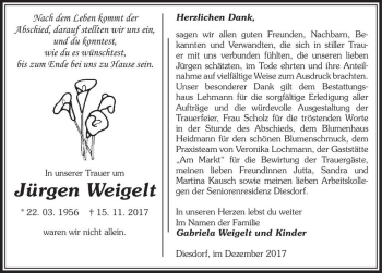 Traueranzeige von Jürgen Weigelt  von Magdeburger Volksstimme