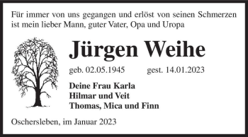 Traueranzeige von Jürgen Weihe  von Magdeburger Volksstimme