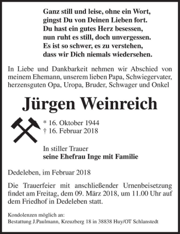 Traueranzeige von Jürgen Weinreich  von Magdeburger Volksstimme