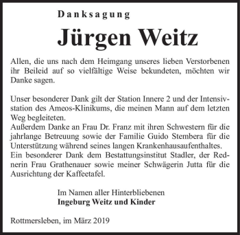 Traueranzeige von Jürgen Weitz  von Magdeburger Volksstimme