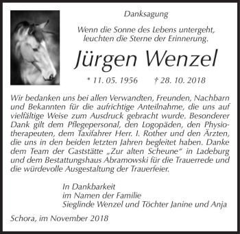 Traueranzeige von Jürgen Wenzel  von Magdeburger Volksstimme