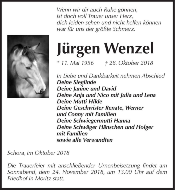 Traueranzeige von Jürgen Wenzel  von Magdeburger Volksstimme