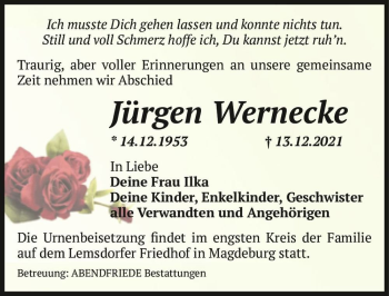 Traueranzeige von Jürgen Wernecke  von Magdeburger Volksstimme
