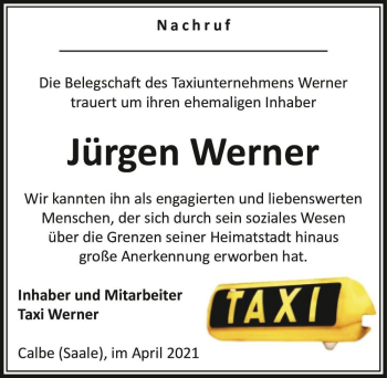 Traueranzeige von Jürgen Werner  von Magdeburger Volksstimme