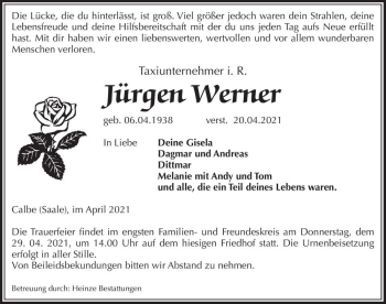 Traueranzeige von Jürgen Werner  von Magdeburger Volksstimme