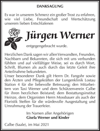 Traueranzeige von Jürgen Werner  von Magdeburger Volksstimme