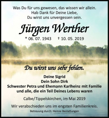 Traueranzeige von Jürgen Werther  von Magdeburger Volksstimme