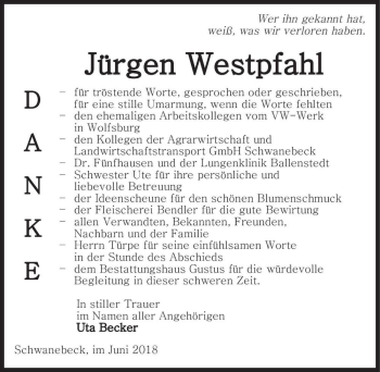 Traueranzeige von Jürgen Westpfahl  von Magdeburger Volksstimme
