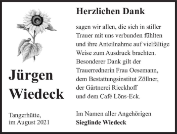 Traueranzeige von Jürgen Wiedeck  von Magdeburger Volksstimme