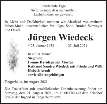 Traueranzeige von Jürgen Wiedeck  von Magdeburger Volksstimme