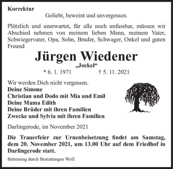 Traueranzeige von Jürgen Wiedener 