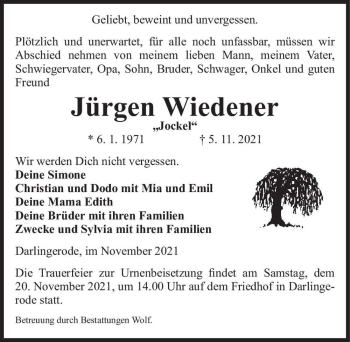 Traueranzeige von Jürgen Wiedener 