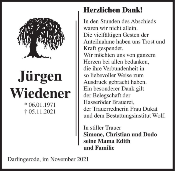Traueranzeige von Jürgen Wiedener  von Magdeburger Volksstimme