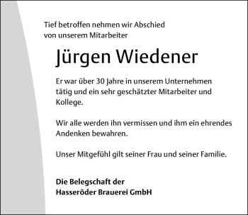 Traueranzeige von Jürgen Wiedener  von Magdeburger Volksstimme