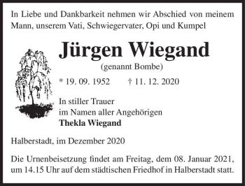 Traueranzeige von Jürgen Wiegand 