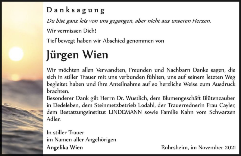  Traueranzeige für Jürgen Wien  vom 04.12.2021 aus Magdeburger Volksstimme
